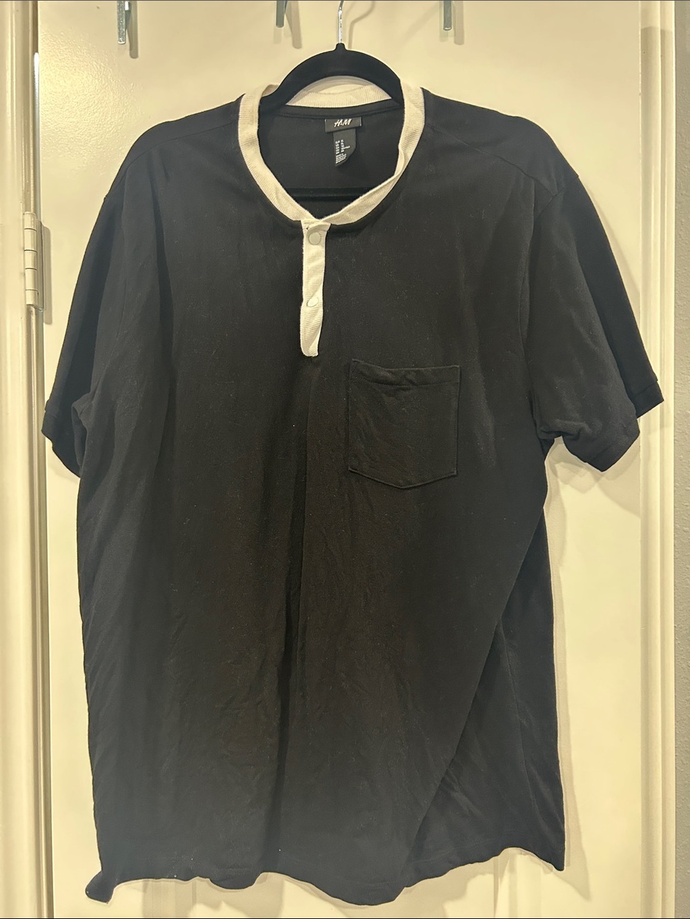 H&M Black Short-Sleeve Henley with Cream Collar